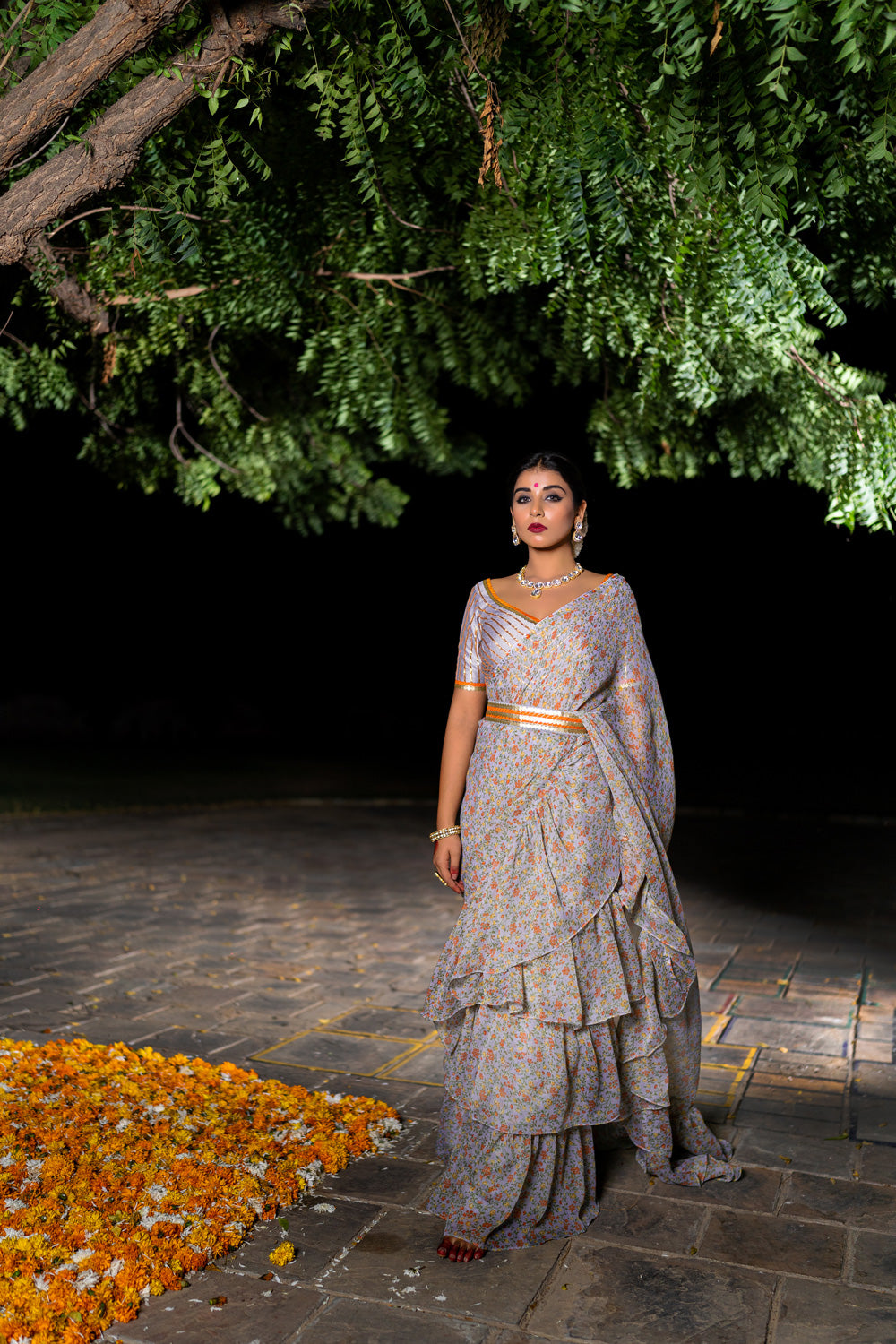 VINTAGE GREY RUFFLE SAREE