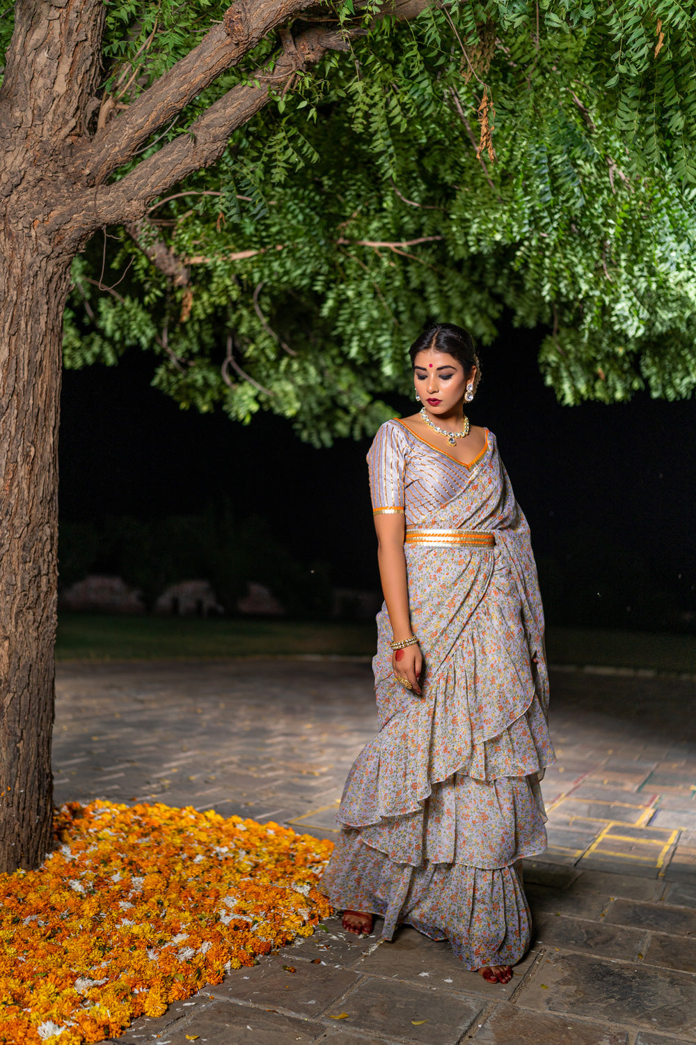 VINTAGE GREY RUFFLE SAREE