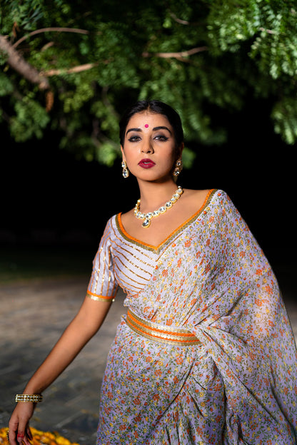 VINTAGE GREY RUFFLE SAREE