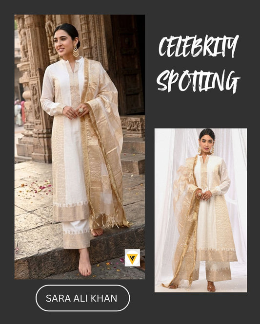 OFF WHITE GOLD CHANDERI STRIPED SUIT SET