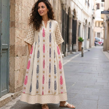 OFFWHITE COTTON MULTIPRINT DRESS