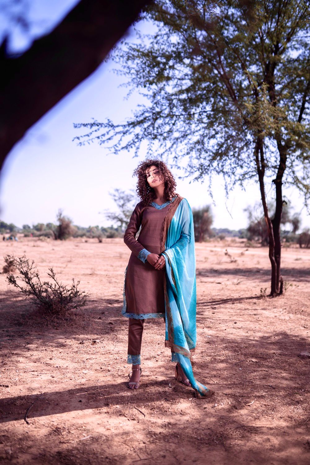 BROWN KURTA SET WITH BLUE DUPATTA