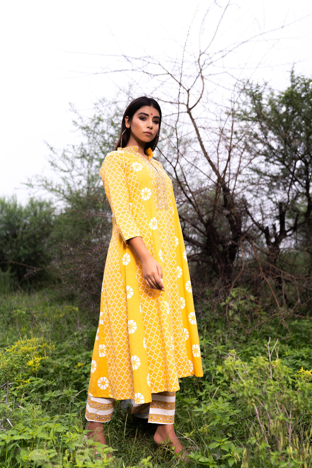 YELLOW MULTIPRINT ANARKALI SET